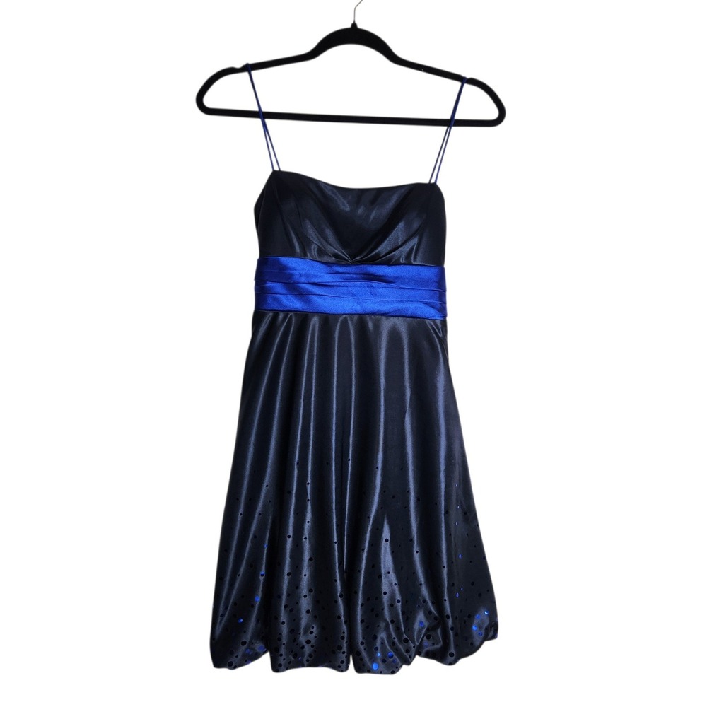 Jump Apparel Navy Blue Satin Bubble Hem Cocktail Dress Spaghetti Strap Size 3/4